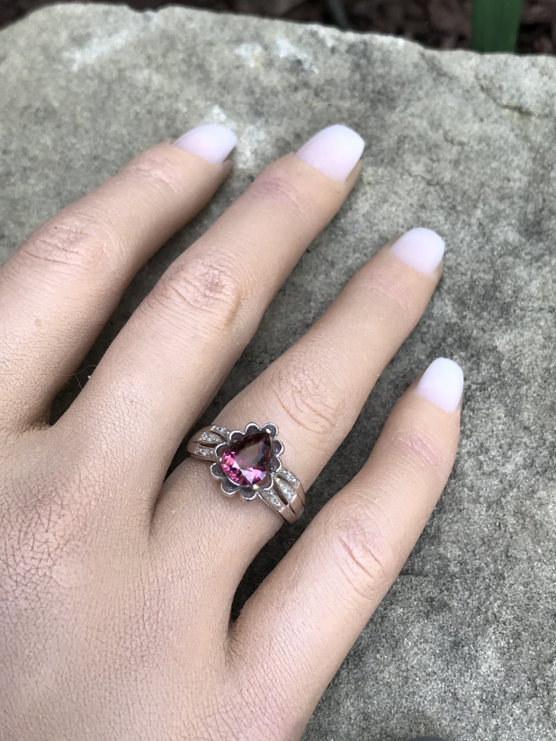 18ct rose gold pink sapphire rise ring with white diamond shoulders -  Baroque Jewellery
