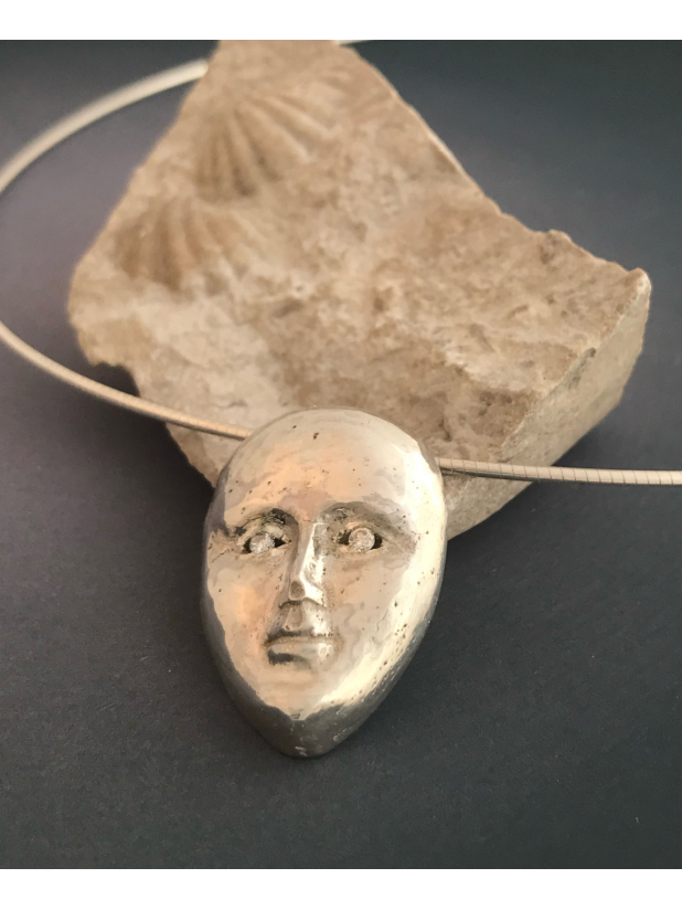 Sterling Silver Ethereal Face with Diamond Eyes, Necklace