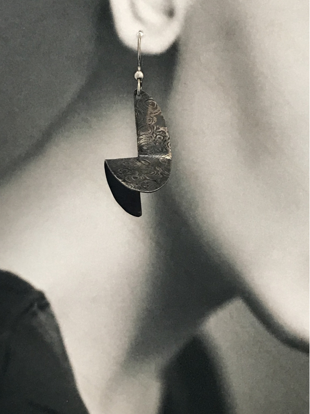 Funky Dangle Origami Earrings, Embossed Mokume Gane Texture Sterling Silver
