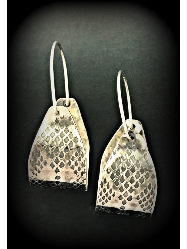 Casual Snakeskin Design Sterling Silver Basket Hoop Earrings,