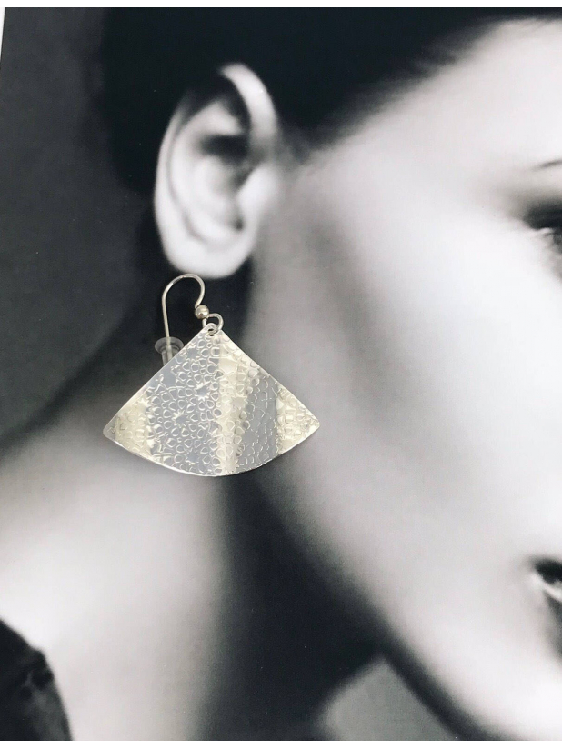 Fan Shaped Textured Sterling Silver Dangle Earrings