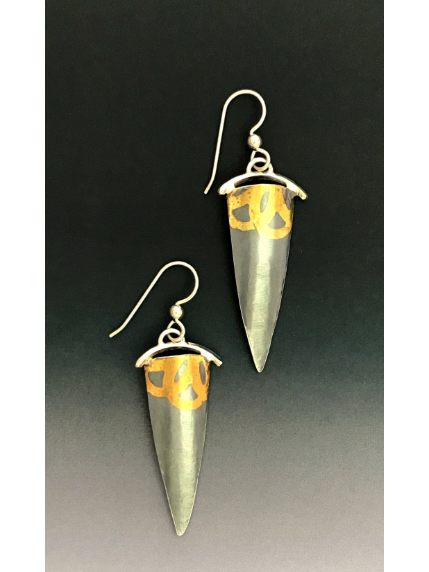 Fused Gold  Silver Dangle Earrings , Arrow Shape, Sterling Ear Wires