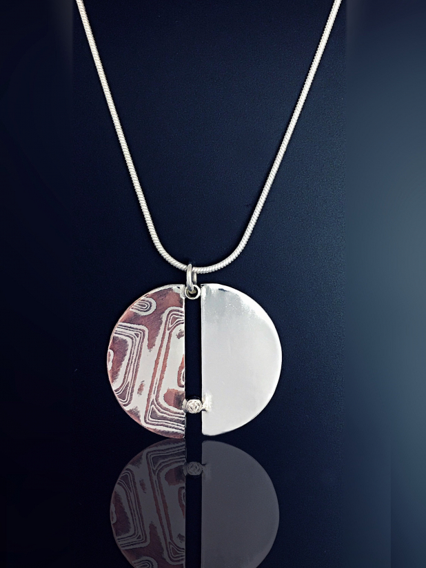 Diamond Solitaire and Mixed Metal Mokume Gane Necklace