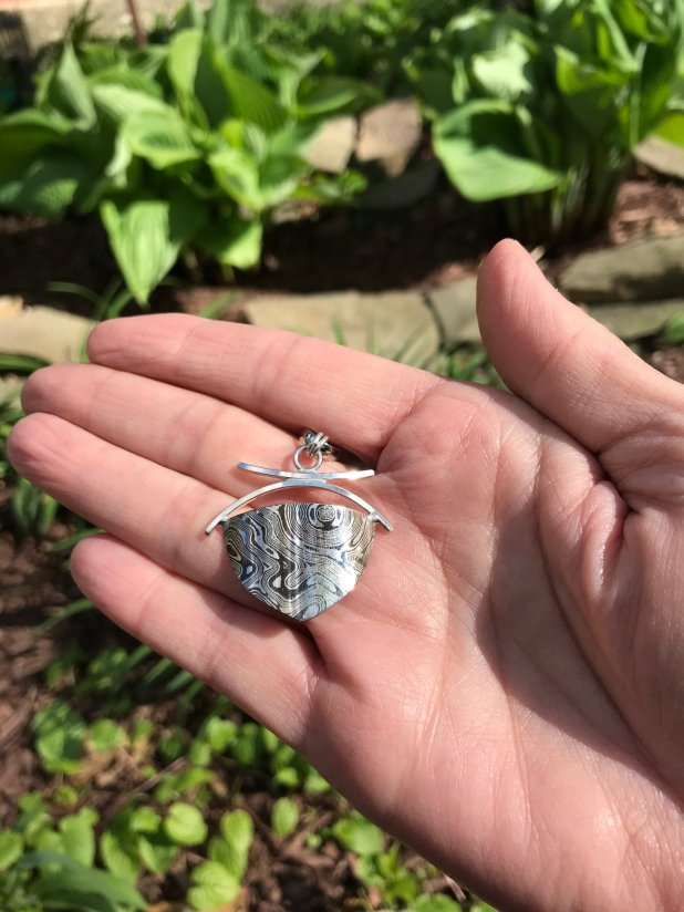 Mixed Metal Mokume Gane Silver Necklace, Handforged Shield Design, Snake Chain