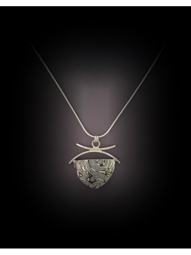 Mixed Metal Mokume Gane Silver Necklace, Handforged Shield Design, Snake Chain