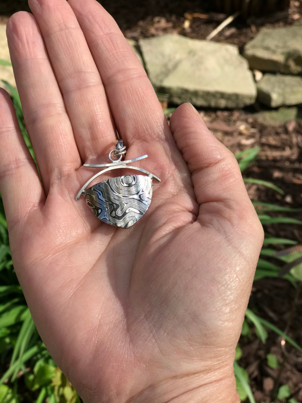 Mixed Metal Mokume Gane Silver Necklace, Handforged Shield Design, Snake Chain