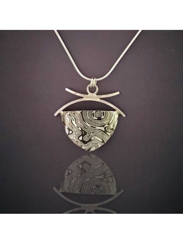 Mixed Metal Mokume Gane Silver Necklace, Handforged Shield Design, Snake Chain