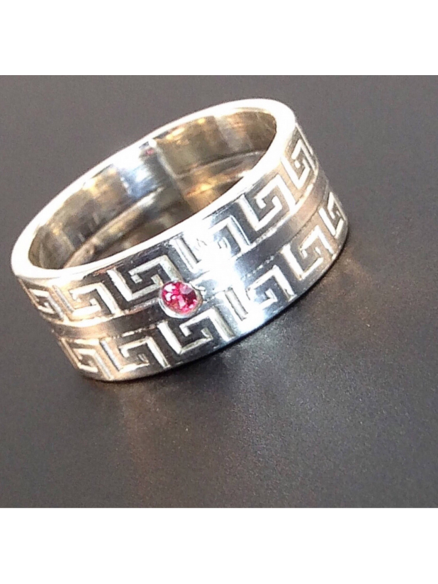 Red Spinel Ring Unisex Greek Key Gemstone Band ooak