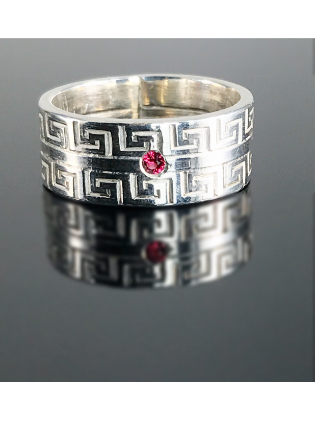 Red Spinel Ring Size 7, Sterling Silver Classic Greek key