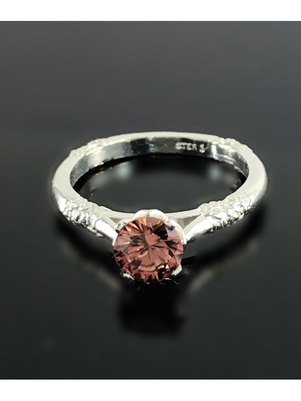 Natural Red Pink Zircon Solitaire Sterling Silver Ring Floral