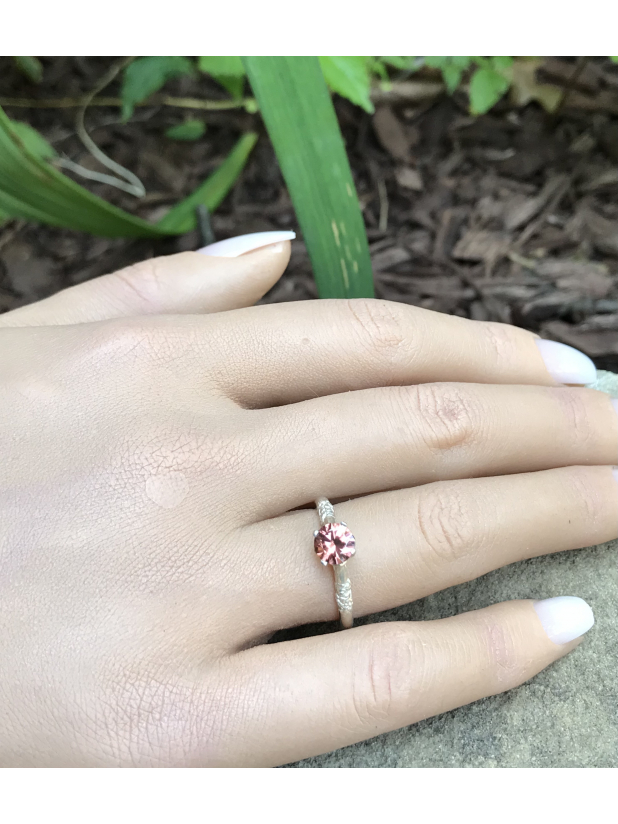 Floral band with pink red zircon petite engagement ring