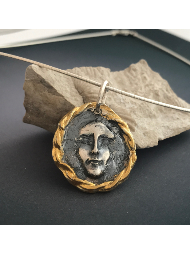 One of a Kind Sculptured Face of Gold Over Fine Silver Necklace