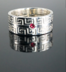 Red Spinel Ring Size 7, Sterling Silver Classic Greek key