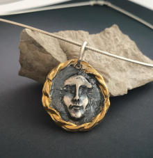 One of a Kind Sculptured Face of Gold Over Fine Silver Necklace